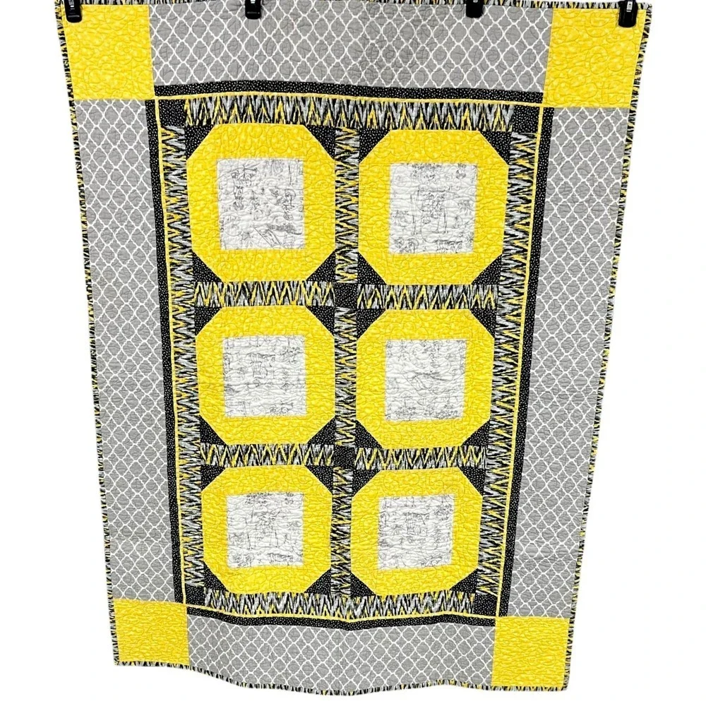 Handmade Modern Yellow Black Quilt Throw 52x54 Lap Size‎